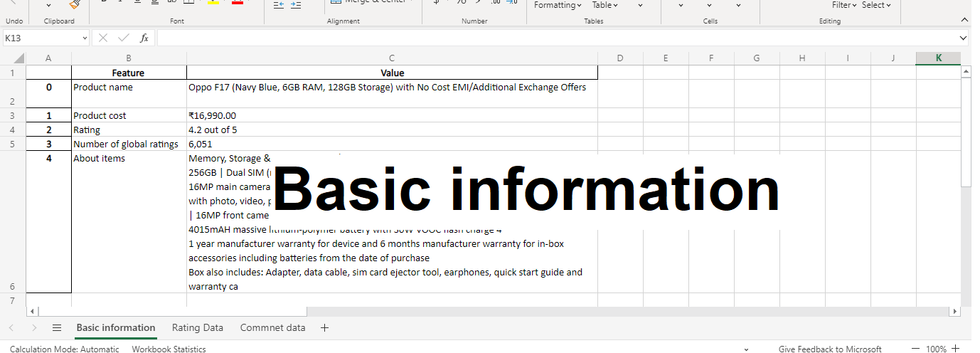 Screenshot of Excel showing the extracted basic information from Amazon product pages