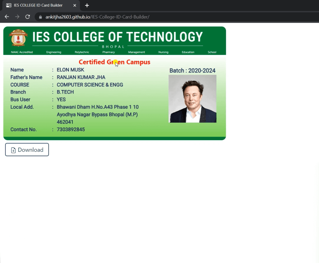 Design and personalize your IES college ID card effortlessly. Edit information, customize fields, and download your unique ID card in seconds with the user-friendly IES ID Card Generator using HTML/CSS. Simplify ID card creation with ease.